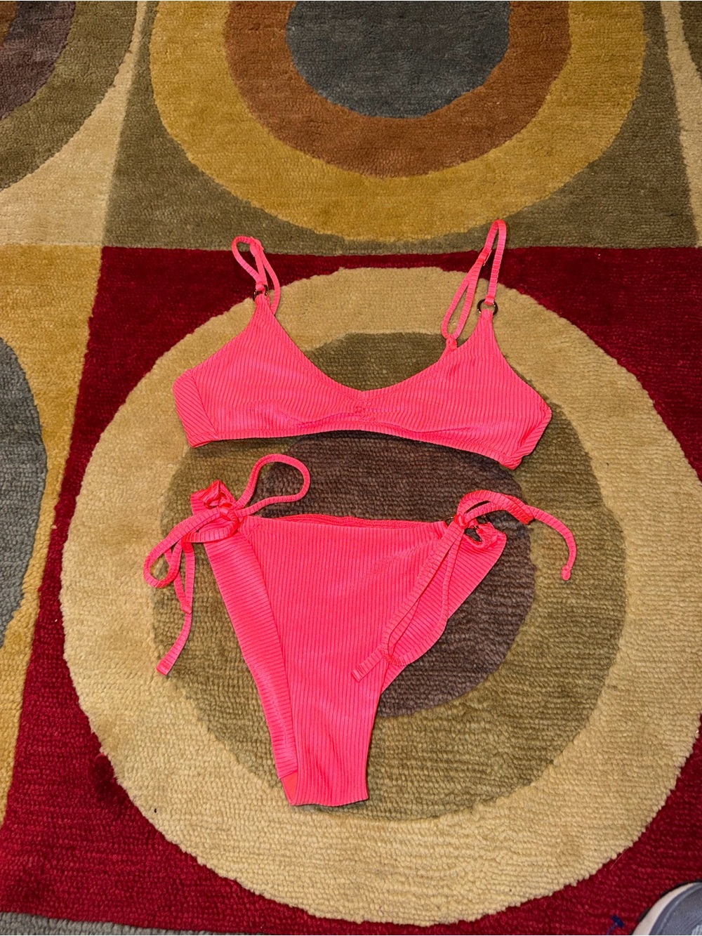 Aerie Swim Bikini Set Cheeky Bottoms Side Tie Scoop Top Neon Pink Size XS